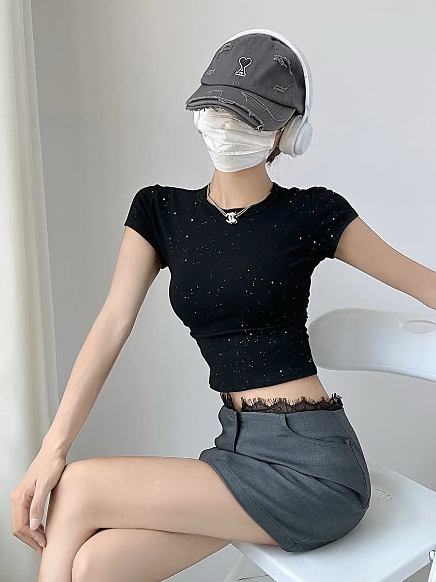 Gray Sequin Crop Top Women's Slim Fit Short Sleeve T-Shirt Cotton Village Design Summer Cool Style Base Layer Short Shirt