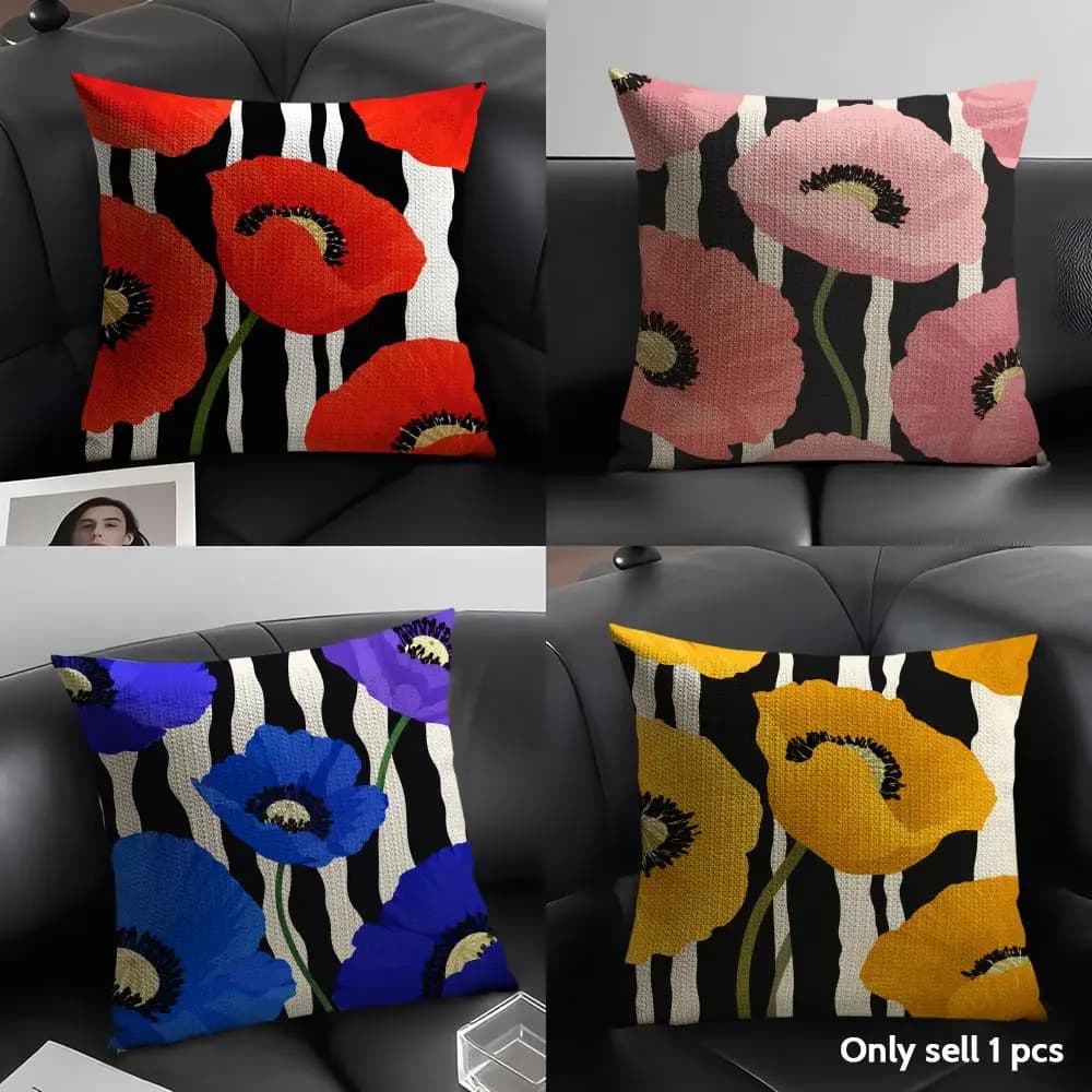 Poppy Flower Cushion Cover Linen Organic Fabric Double-Sided Printing Sofa Breathable Home Decor Gift Pillow Case