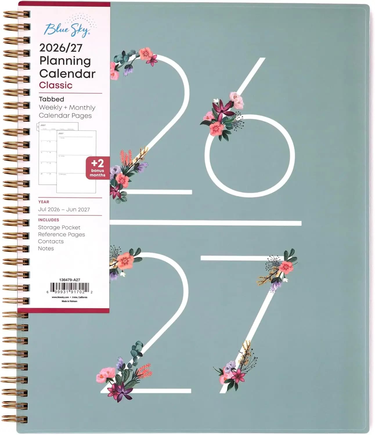 Agenda Accademica 2026-2027, Calendario Settimanale e Mensile, Copertina Flessibile, Rilegatura a Spirale, Linguette Laminate