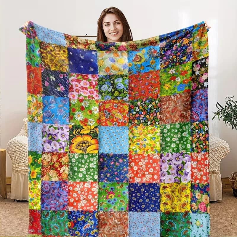 Coperta in Flanella Vintage con Motivi Floreali e a Quadri, Morbida e Calda per Divano, Letto, Viaggi e Campeggio