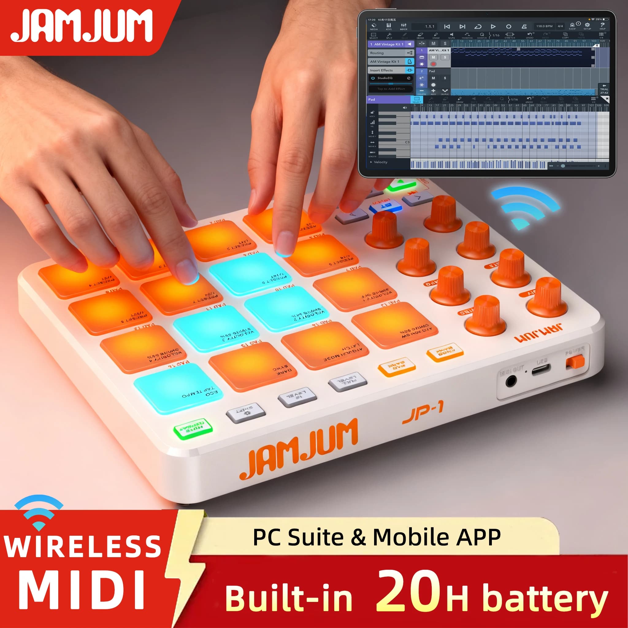 Wireless Midi Controller Pad for beginners with 16 Drum pads 8 buttons Rechargeable battery for Music creation and DJ mixing