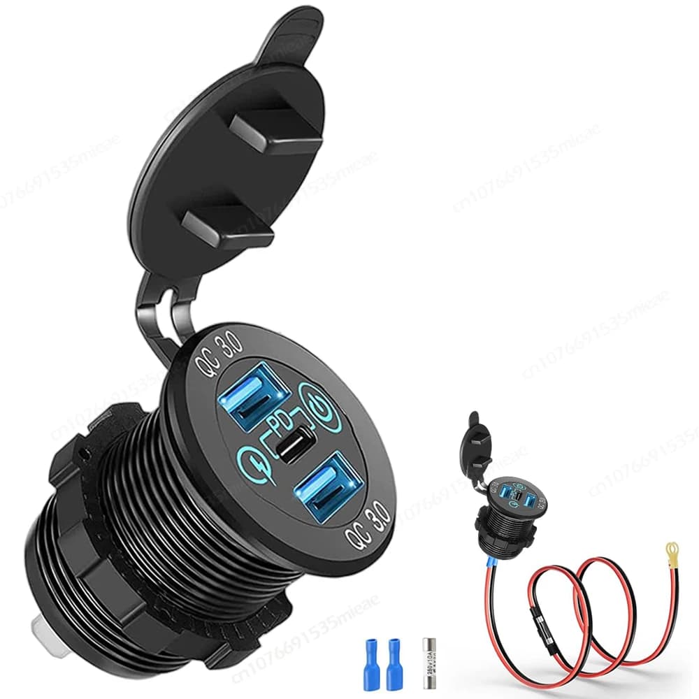 Presa USB per Auto a 3 Porte 12V, Caricatore Rapido USB C in Alluminio con Interruttore e Voltmetro per Barche, Golf Cart, Moto, Camion