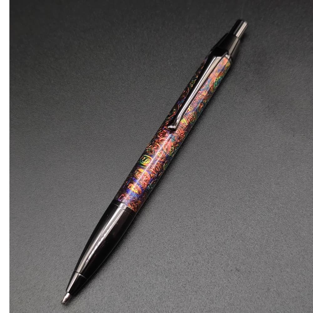 Penna Gel in Vetro Radiante Modello "Senator", Ricarica a Pressione, Cappuccio in Lamina Bruciata, Penna Gel Artigianale