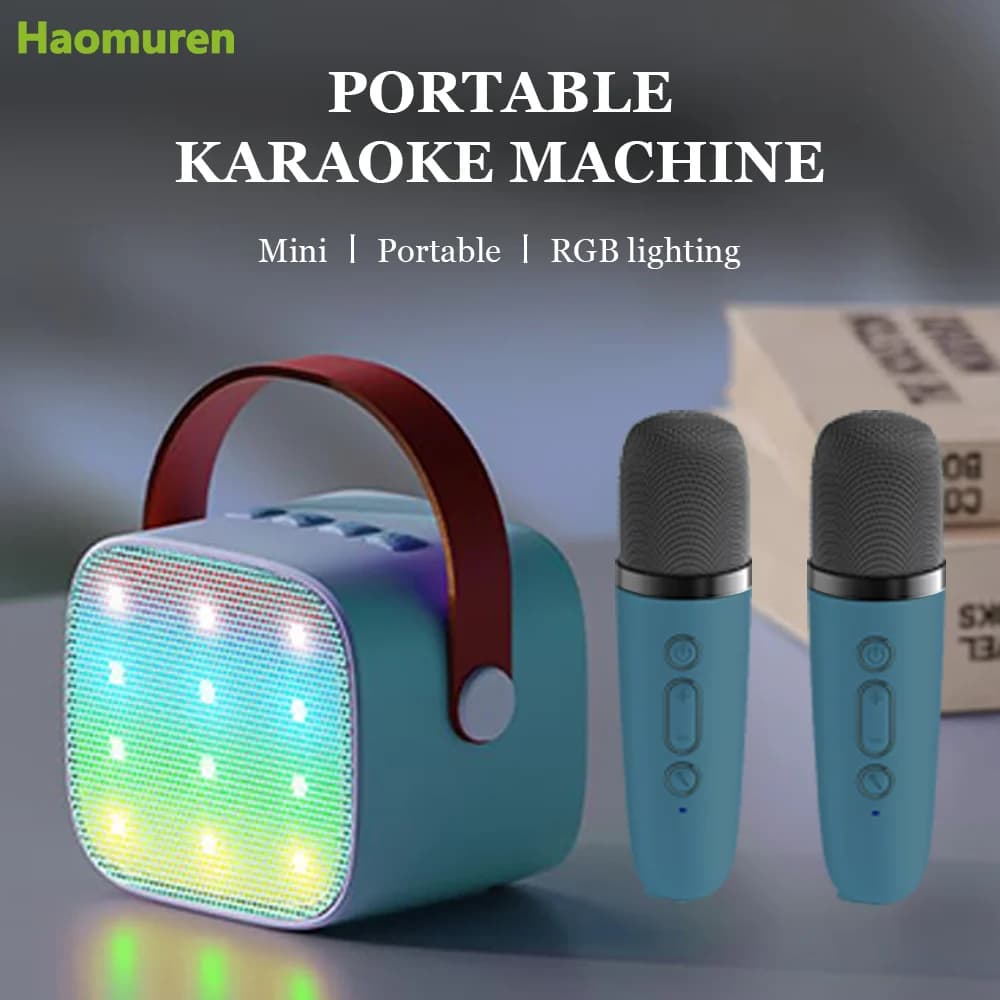 Haomuren Mini macchina per karaoke per bambini Altoparlante Bluetooth portatile con 2 microfoni wireless per regalo di compleanno per ragazze K12