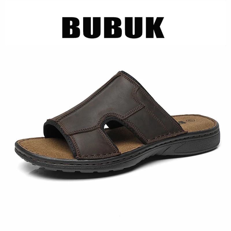 Bubuk Men's slip-on sports Slippers in real leather, first layer cow leather upper, beach shoes, light and comfortable, suitable for indoor and outdoor clothing