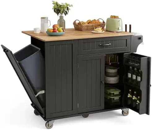 Kitchen Island with Storage, 44.49" Kitchen Island with Trash Can Storage, Drop Leaf Rubberwood Top, Knife Holder