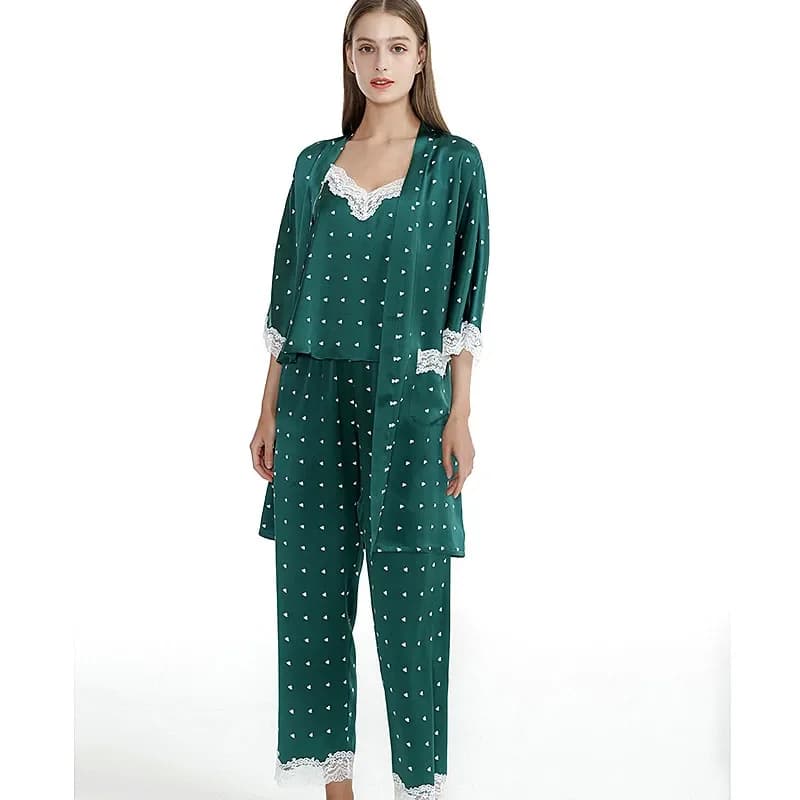 19MM 100% ice cream silk 3 pieces Kimono Robe and sleeveless pajamas Set Dot Canotta Top and pants Pigiama with cardigan Bathrobe