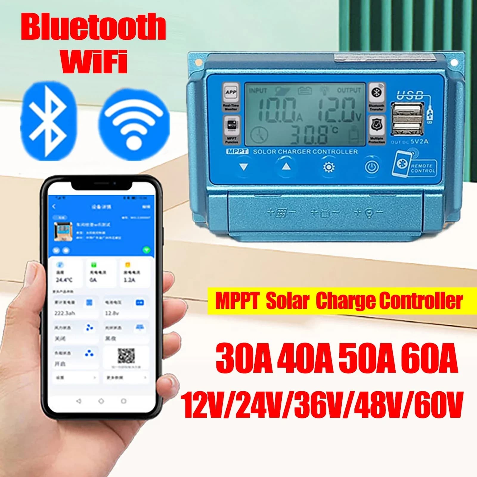12V24V36V48V60V 30A/40A/50A/60A Display digitale LCD ad alta definizione Bluetooth WIFI Regolatore di carica solare Pannello solare MPPT