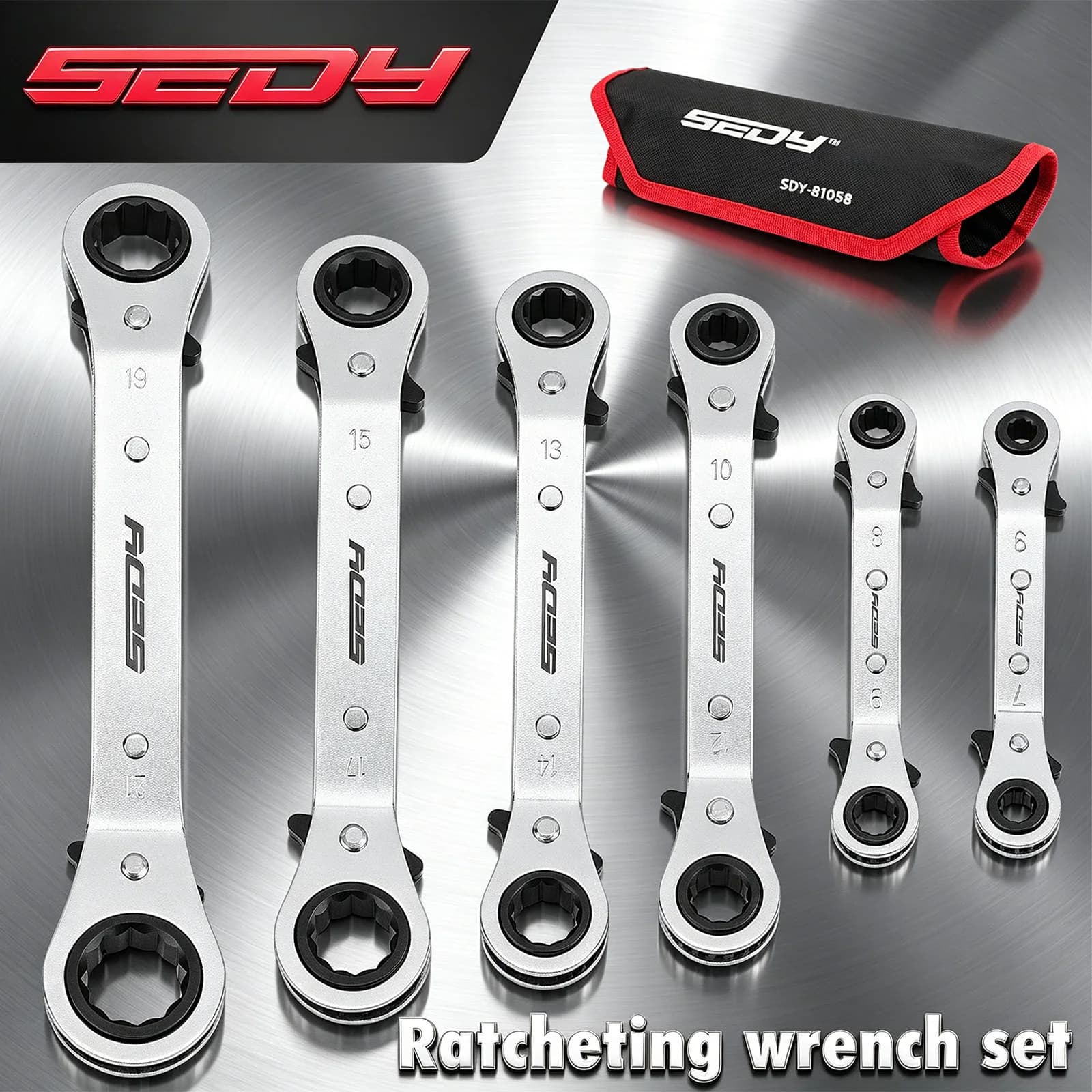 SEDY 6PCS 6-21mm Metric Double Offset Ratcheting Wrench Set, CR-V Steel Chrome Plated, Reversible 25° Design with Storage Pouch