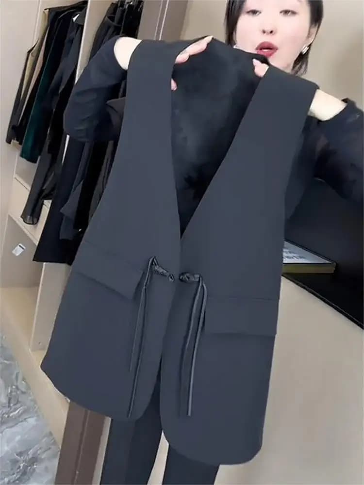 Women's Casual Versatile Jacket, New Chinese Style, Autumn Spring, Trendy, V-neck, with Belt, Regular Thickness, Unit Tint