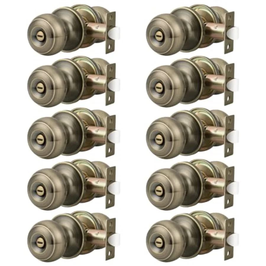 Set di 10 Maniglie per Porte con Serratura Privacy, per Interni, Camera da Letto, Bagno, Maniglia Rotonda in Ottone Anticato, Senza Chiave