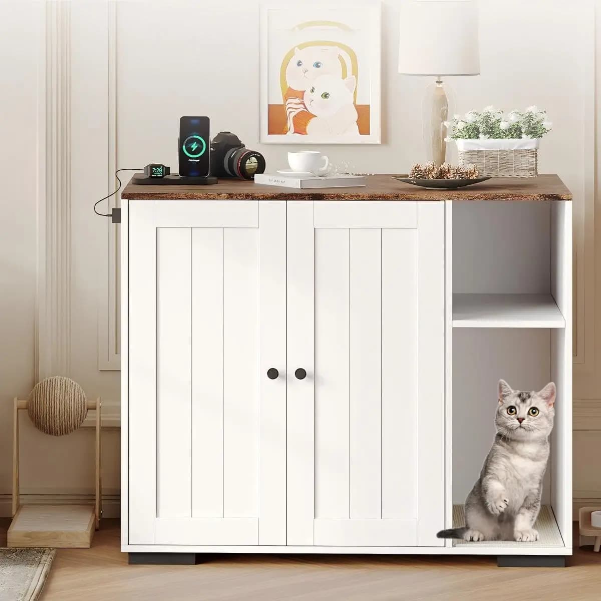 Litter Box Enclosure for Self-Cleaning, Large Cat Cabinet with Power Outlet and Dog-Proof Shelf, Scratching Mat, End Table Desig