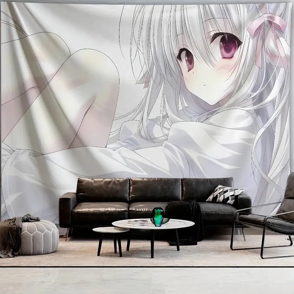 Soft White Tone Anime Girl Wall Tapestry, Sweet White‑Hair Lolita Girl With Pink Ribbon Frill Headband Illustration Decor