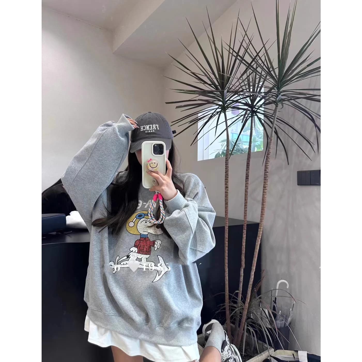 American Style Oversize Hoodie Women's round Neck Fleece Lined Thickened Grey Autumn Winter Outerwear for Short Women