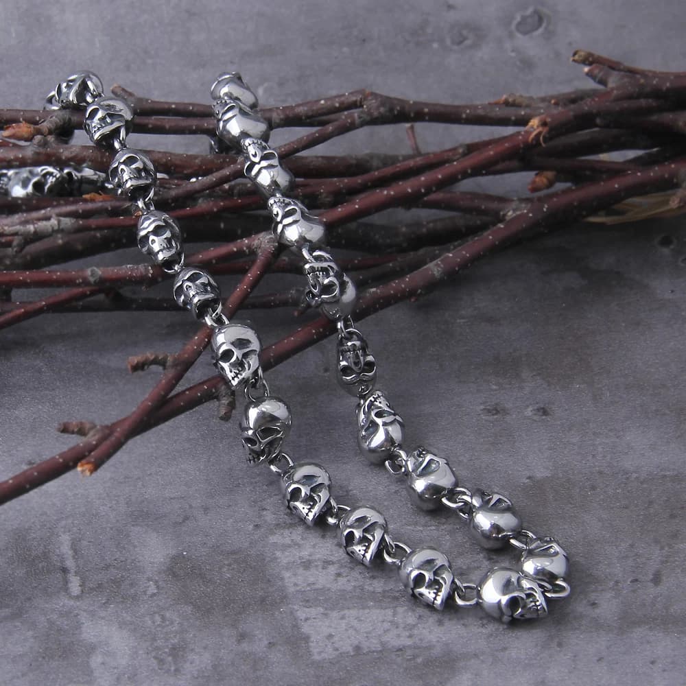 Collana da uomo con catena a teschio punk di nuovo design in acciaio inossidabile, gioielli da uomo con bracciale con ciondoli in acciaio inossidabile con scatola di legno
