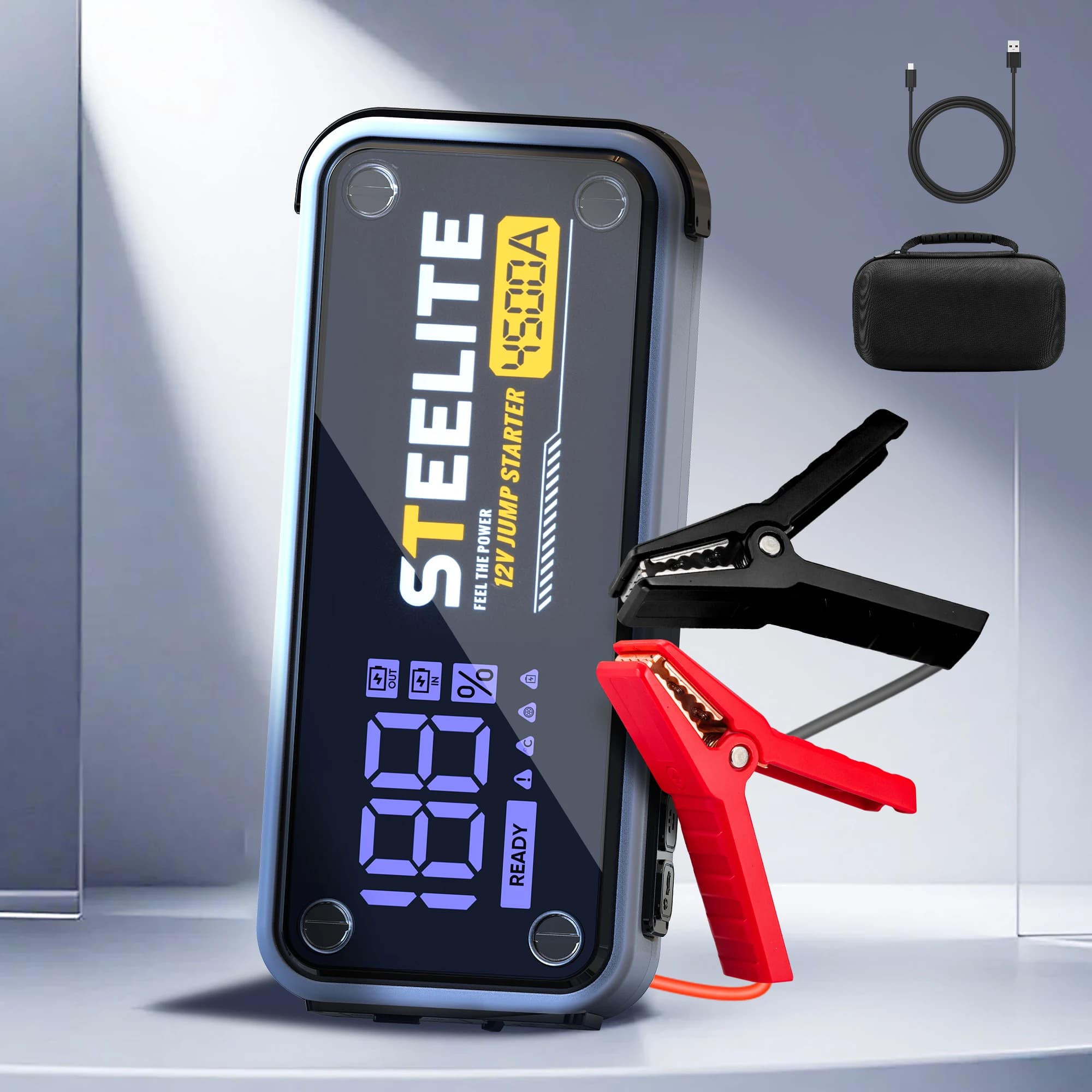 Deli Steelite 4500A 20000mAh Avviatore portatile per batteria per auto - per motori diesel a gas/10 litri da 10 litri, Power Bank da 12 V con USB