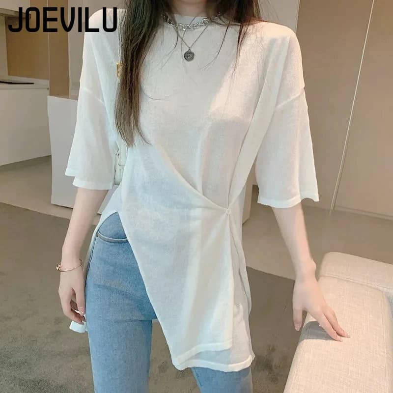 Split Irregular Tops Women's Summer Mid Length Half Sleeve T-shirt Korean Fashion Loose Slightly Transparent Sunscreen Blouse