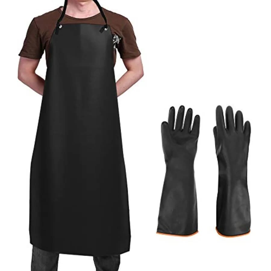 Heavy Duty PU Apron and Latex Gloves, Waterproof Resist Strong Acid, Alkali and Oil Apron and Gloves Best for Staying Dry When