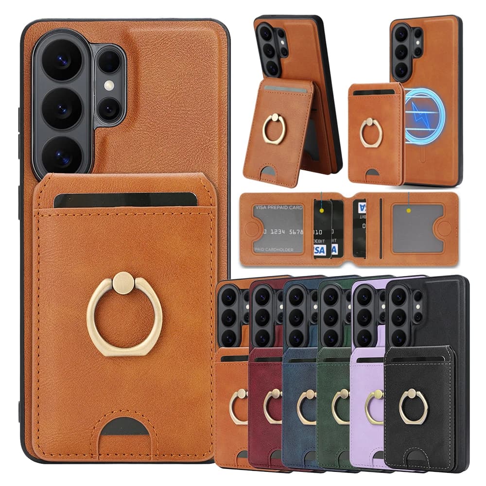 Custodia a Portafoglio 2 in 1 in Pelle per Samsung Galaxy S26 Ultra S25 Plus S24 S23 S26U S25U con Porta Carte e Anello per Ricarica Wireless
