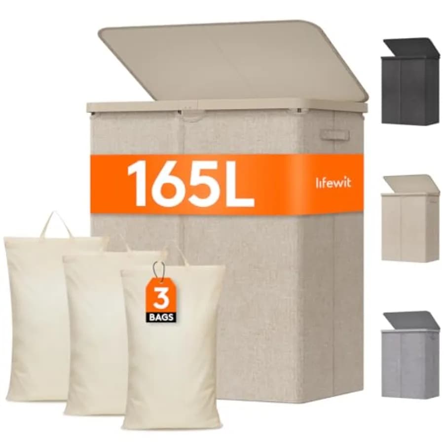 Large linen basket with lid, dirty linen basket with plastic handles and removable bag, folding and high, for laundry
