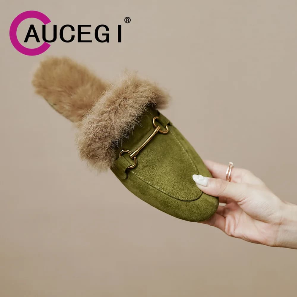 Aucegi New Faux Fur Slippers Women Round Toe Hairy Fluffy Slip On Mules Designer Autumn Soft Warm Walk Flat Shoes Orange Green