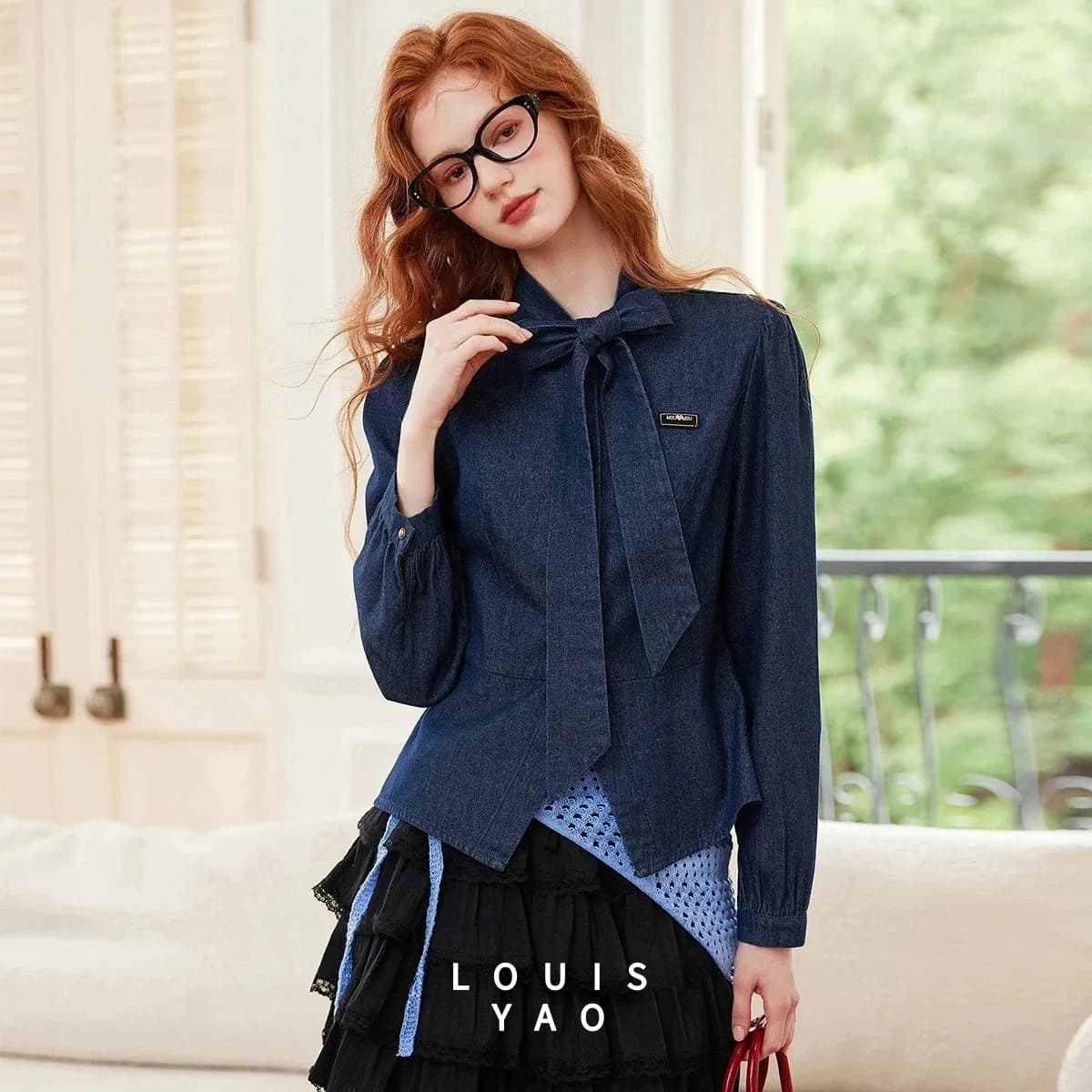 Camicia in denim LOUISYAO con colletto alla coreana e fiocco, da donna, slim fit, a maniche lunghe, con bottone singolo, casual, Autunno 2025
