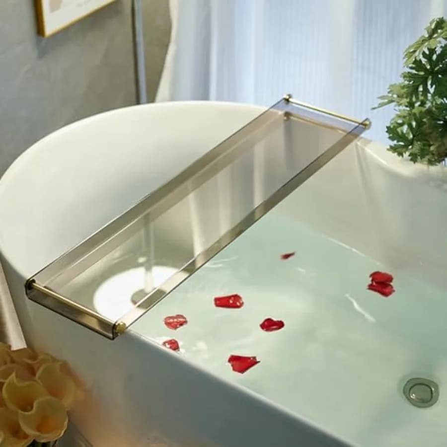 Vassoio portaoggetti per vasca da bagno in acrilico, mensola trasparente con maniglia dorata, organizer di lusso per il bagno con supporto per tablet