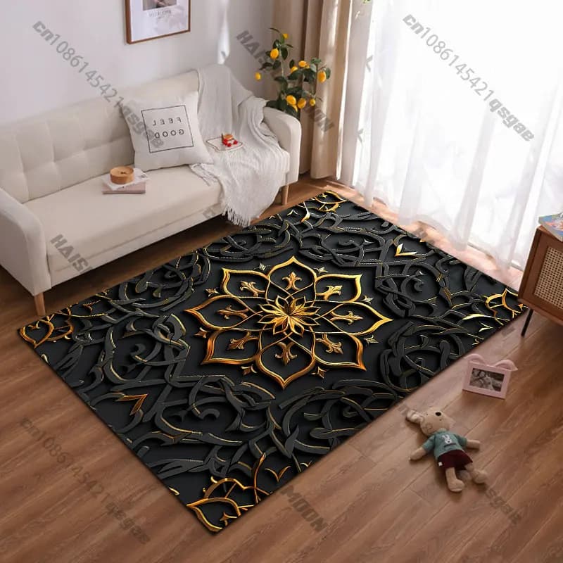Elegant carpet with intricate gilded floral design, yoga mat, decoration for living room, children's carpet, grass, carpet for play area.