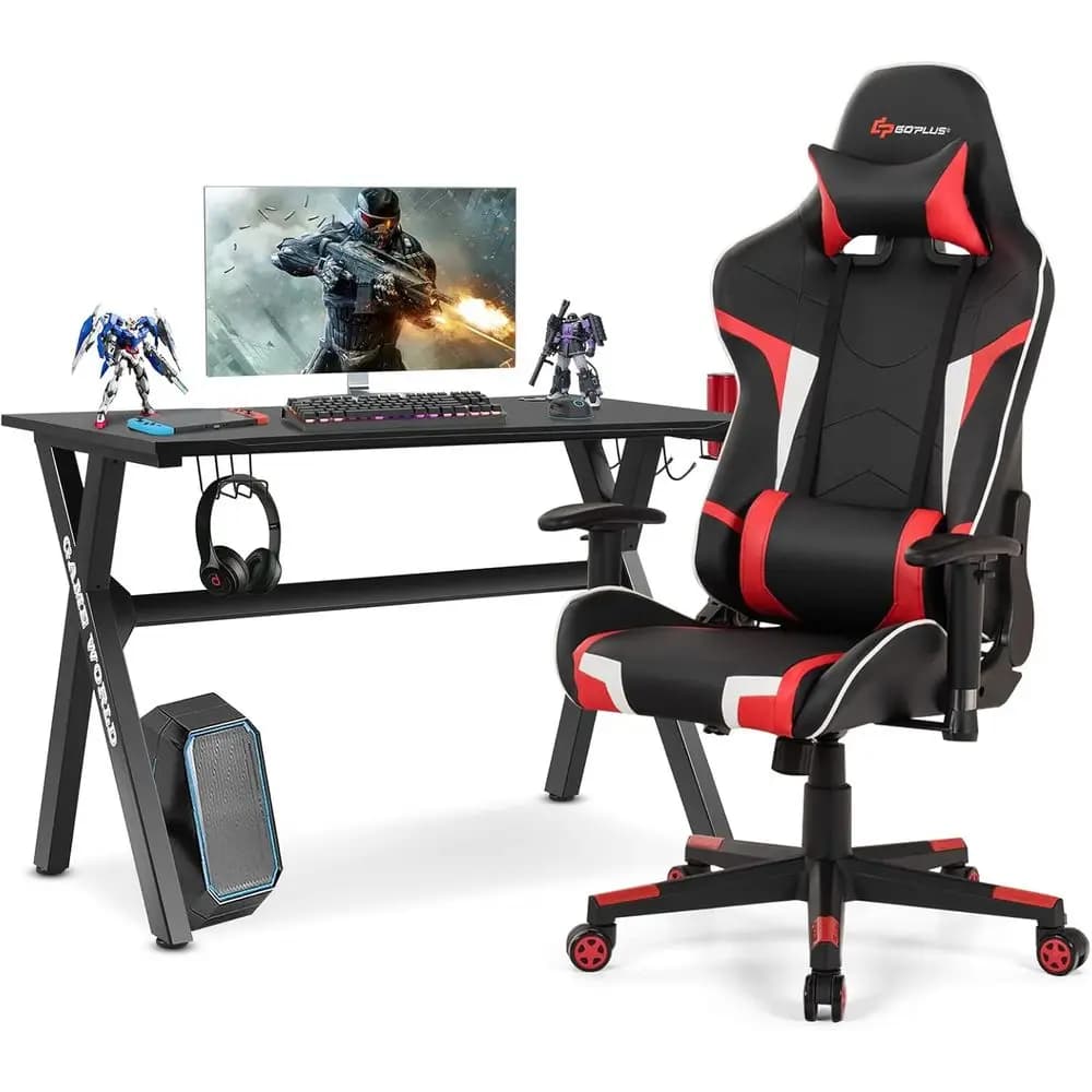 Set Scrivania da Gaming Stile Racing a X e Sedia Ergonomica in PVC con Portabicchieri, Tappetino Mouse e Supporto Lombare per Appassionati di E-Sport