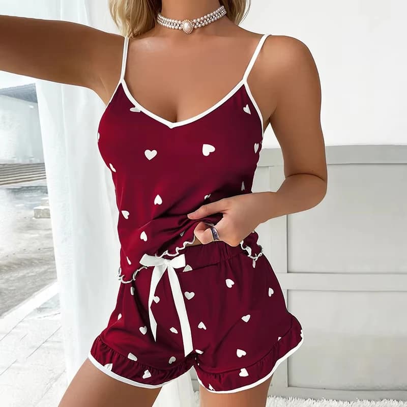 2025 Pigiama estivo 2 pezzi Set gilet di grandi dimensioni pantaloncini con volant bretelle da donna morbido casual carino stampato pigiama da donna set fiocco sexy