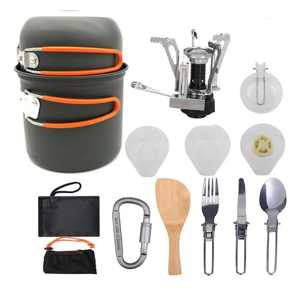 Set da 11 pezzi per cucina da campeggio con pentole, fornelli e moschettone