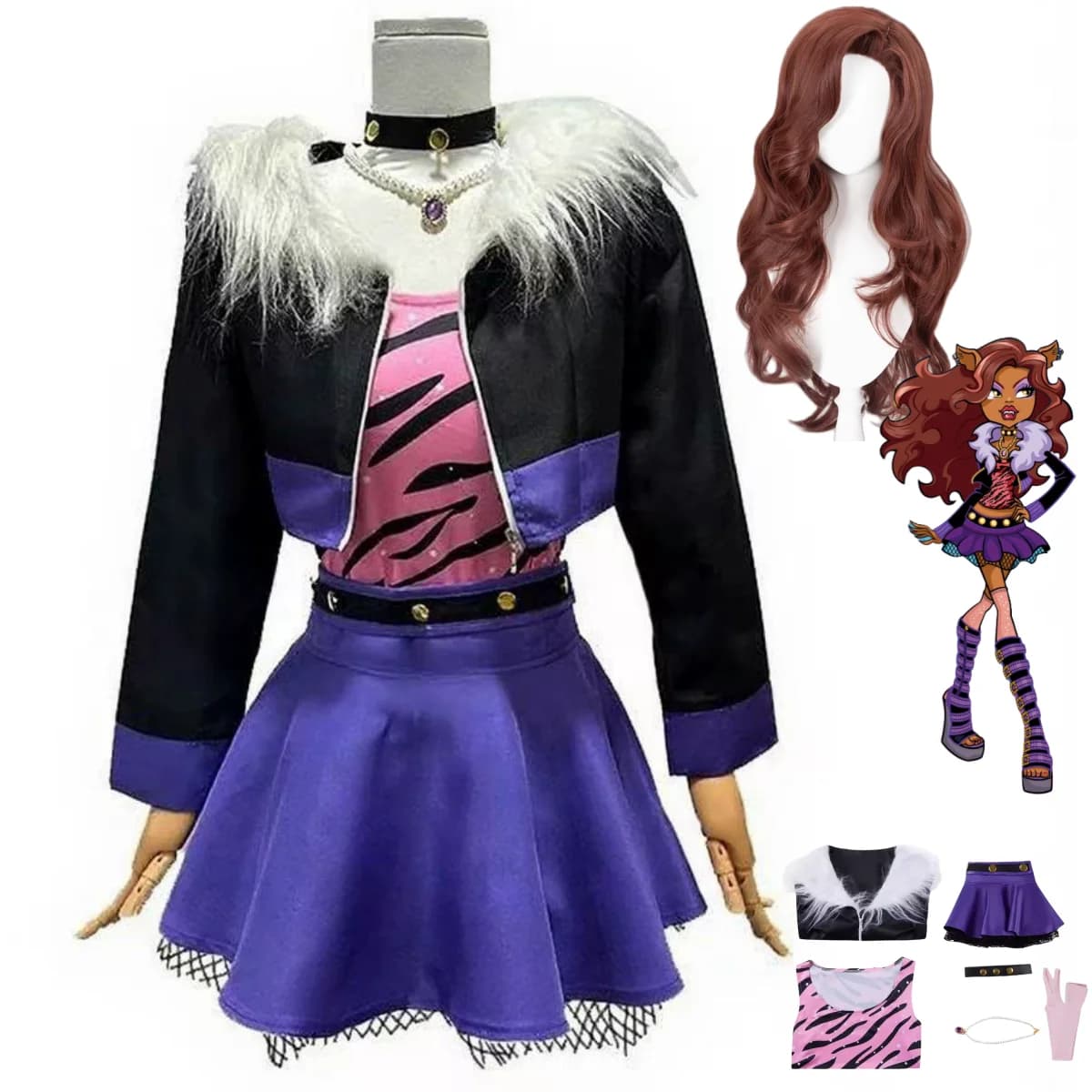 American Anime Clawdeen Wolf Costume Cosplay Nero Cappotto corto Gonna Parrucca uniforme Donna adulta Carnevale sexy Vestito di Halloween 2025