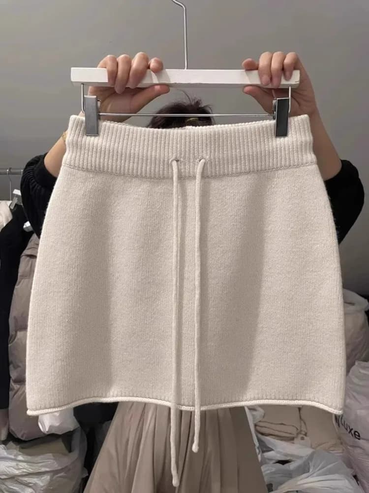 Gonna Bianca Lavorata a Maglia da Donna a Vita Alta, Modello Bodycon Sottile a Trapezio, Casual, Senza Fibra di Poliestere, Primavera Autunno