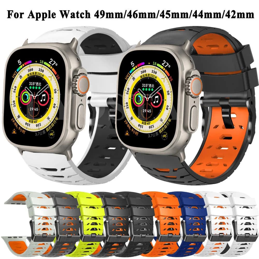 Sport Silicone Strap for Apple Watch band 45mm 44mm 49mm 42mm Metal belt Bracelet iWatch series 9 8 7 6 3 5 se Ultra 2 Accessory