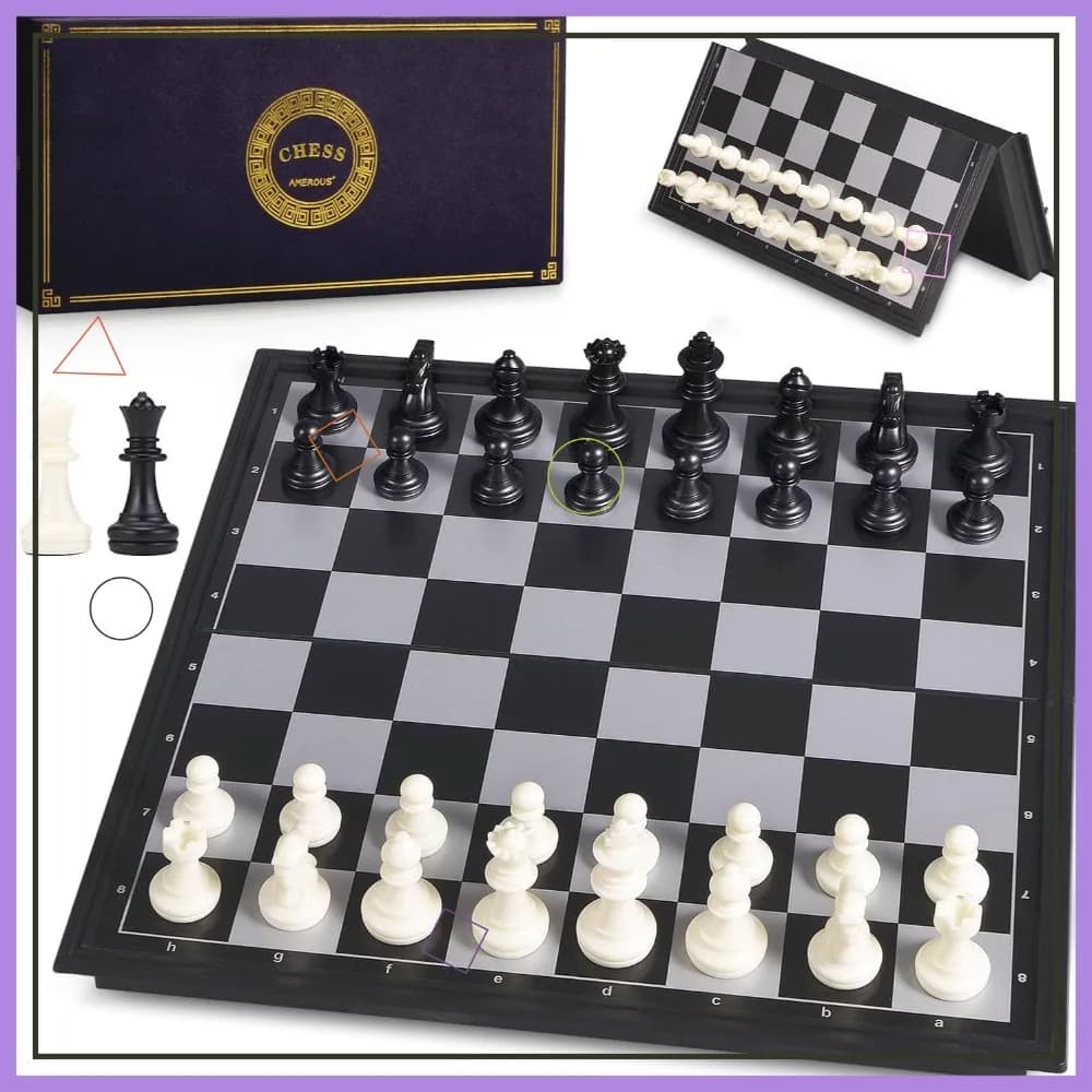 Set di Scacchi Magnetico da Viaggio 10 Pollici con Scacchiera Pieghevole - 2 Regine Extra, Istruzioni per Principianti, Bambini e Adulti