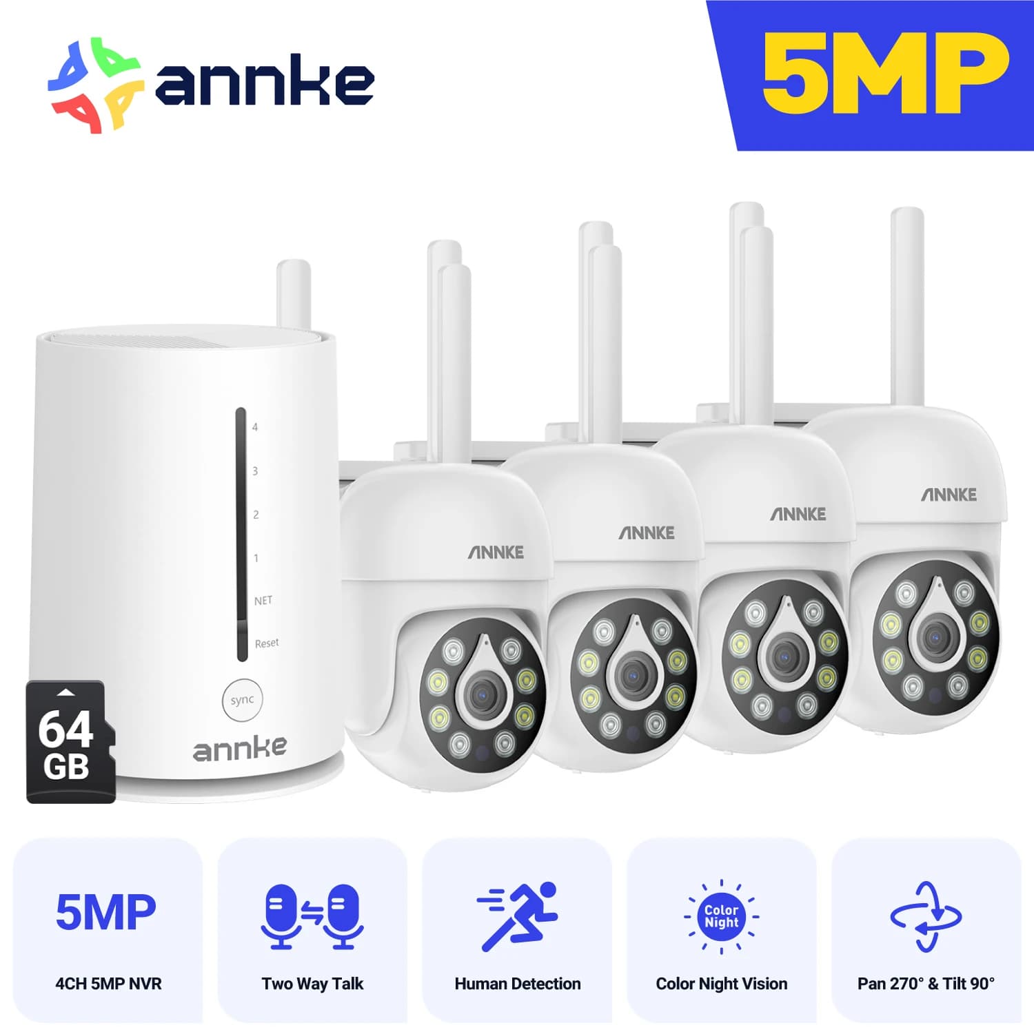 ANNKE 5MP Wireless Security Camera 4PCS Night Vision External Surveillance Wifi Camera Set Includes home base support Alex 64G SD