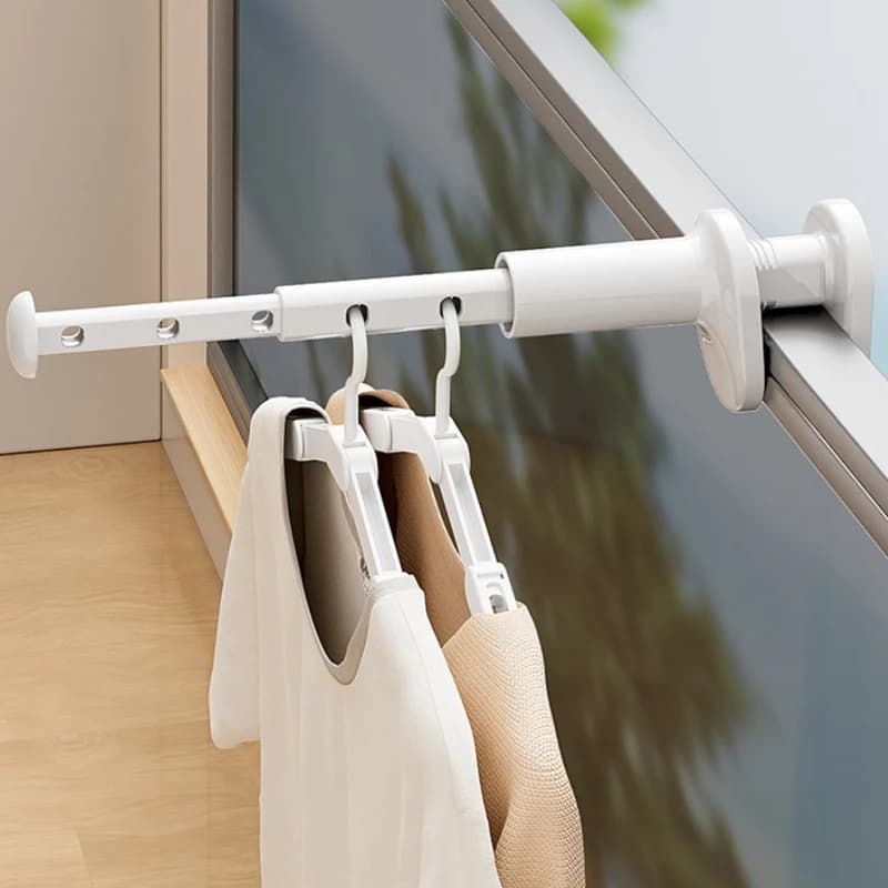 Portable telescopic clothes rack, extendable clothes rack with PET clip for window, wardrobe door, use in dormitory and travel, adjustable
