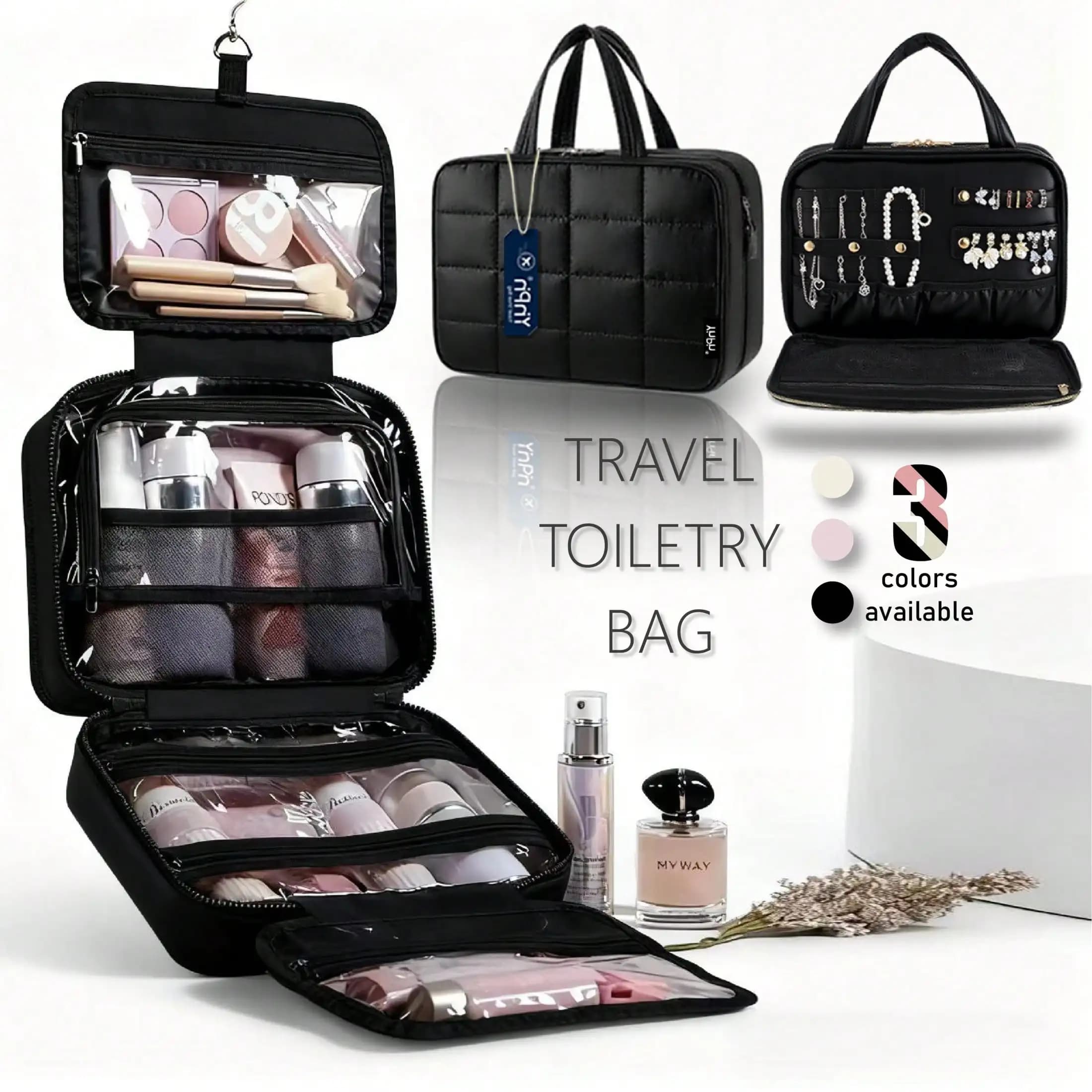 Travel Toiletry Bag With Jewelry Organizer, Hanging Travel Bag For Toiletries, Puffy Makeup Cosmetic Bag Organizer