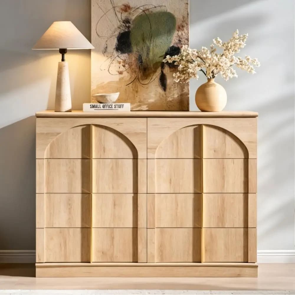Large Dresser for Bedroom with 8 Drawers with Arched Panel,Modern Minimalist Chest of Drawers with Gold Handles,Wood Storage Cl