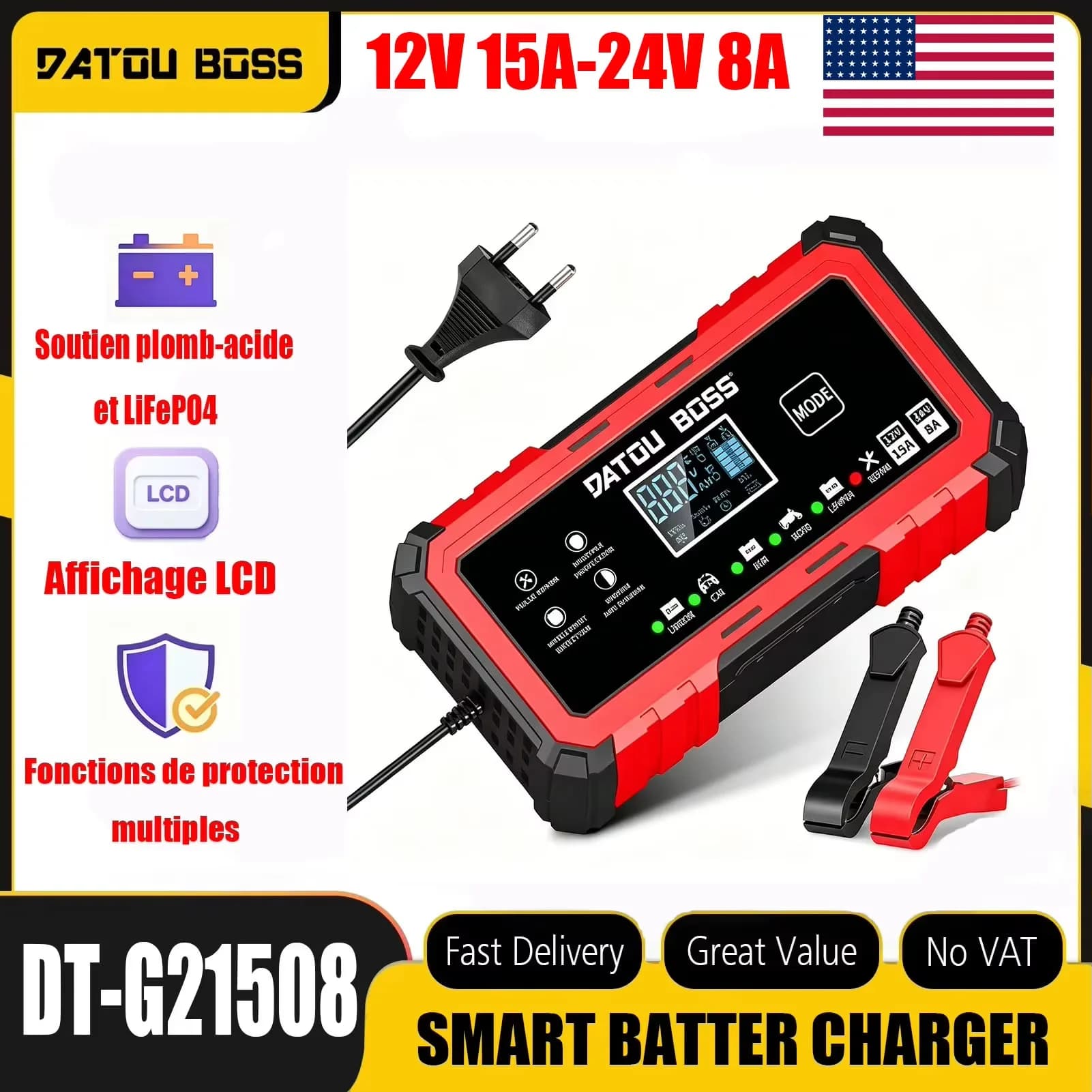 Caricabatterie Intelligente DATOUBOSS 12V/24V per Batterie al Piombo-Acido AGM GEL LiFePO4, per Auto, Moto e Camion