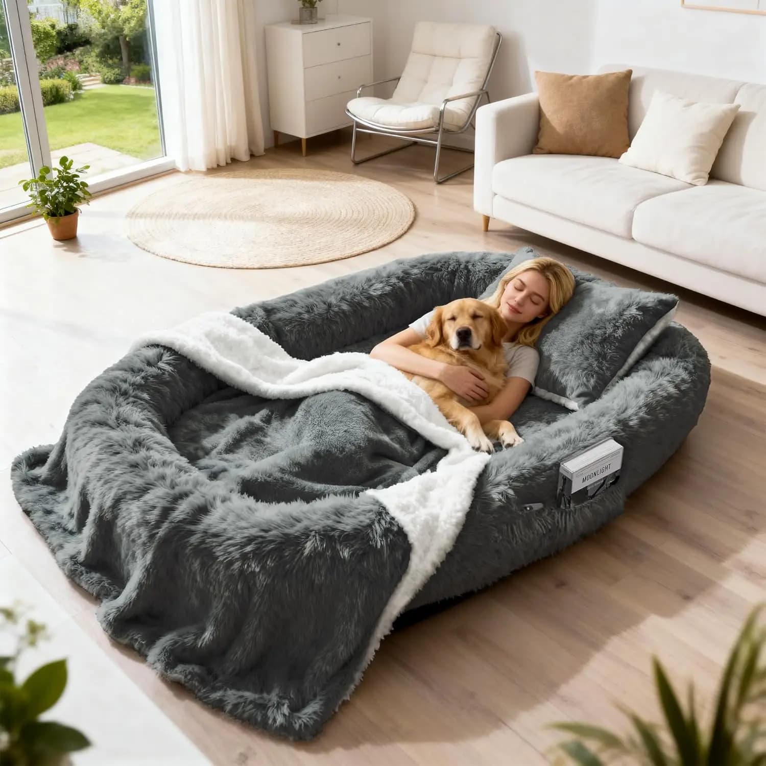 Divano Letto Ortopedico Gigante in Memory Foam per Cani, 78 Pollici, Grande Divano Lavabile in Pelliccia Sintetica per Animali Domestici con Cuscino e Coperta, Grigio Scuro