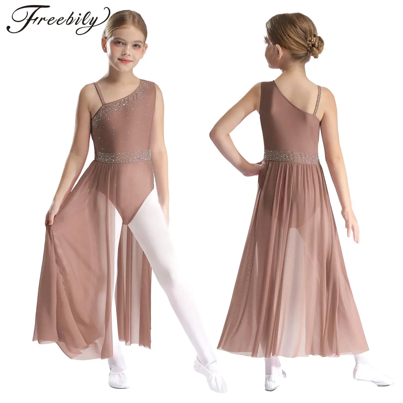 Girls Women's Sleeveless Strass Mesh Modern Dance Lirica Body Dress ballet figure skating performance dancewear