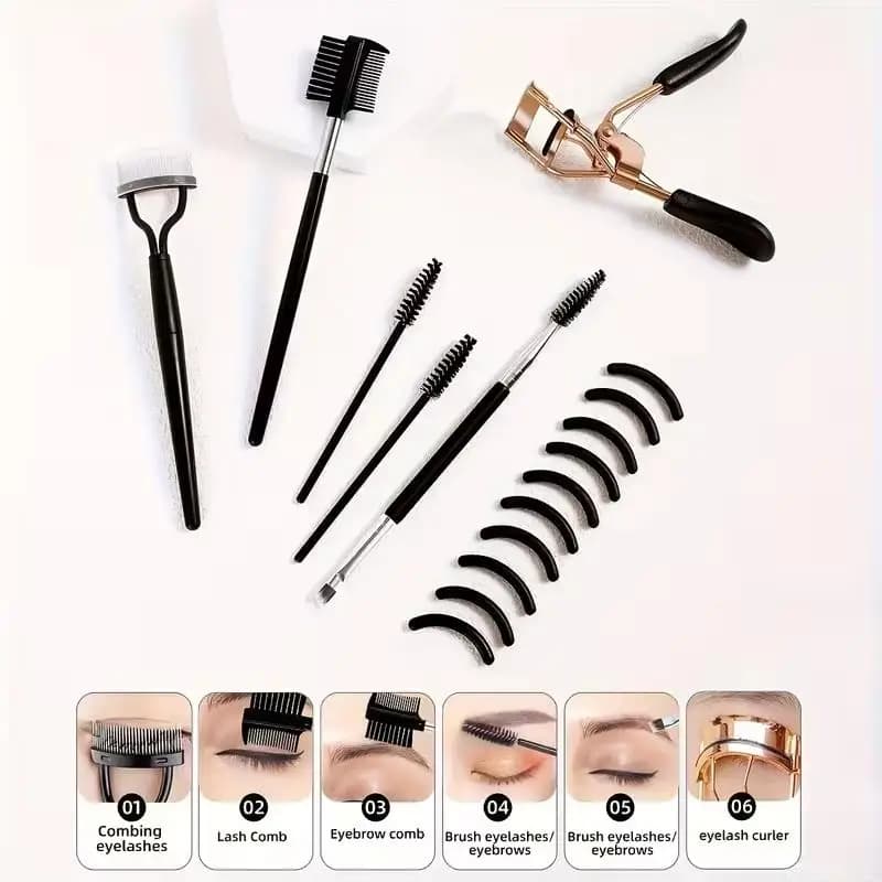 Set of 16 Pieces for Wrinkling Eyelashes with Spare Parts - Pliers and Brushes for Female Makeup