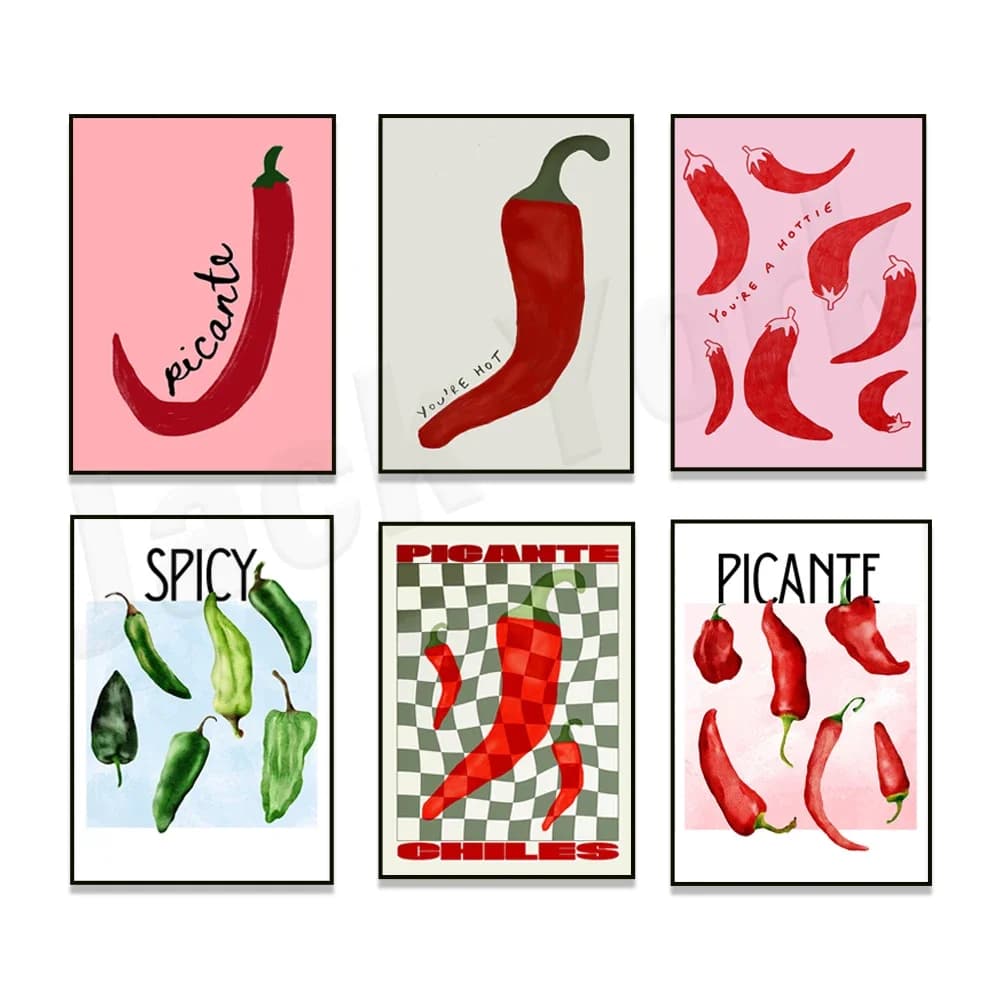 Canvas Painting Chili Pepper Green Chili Pepper Yellow and Red Chili Pepper Art Contemporary Food Kitchen Decoration Wall Decor