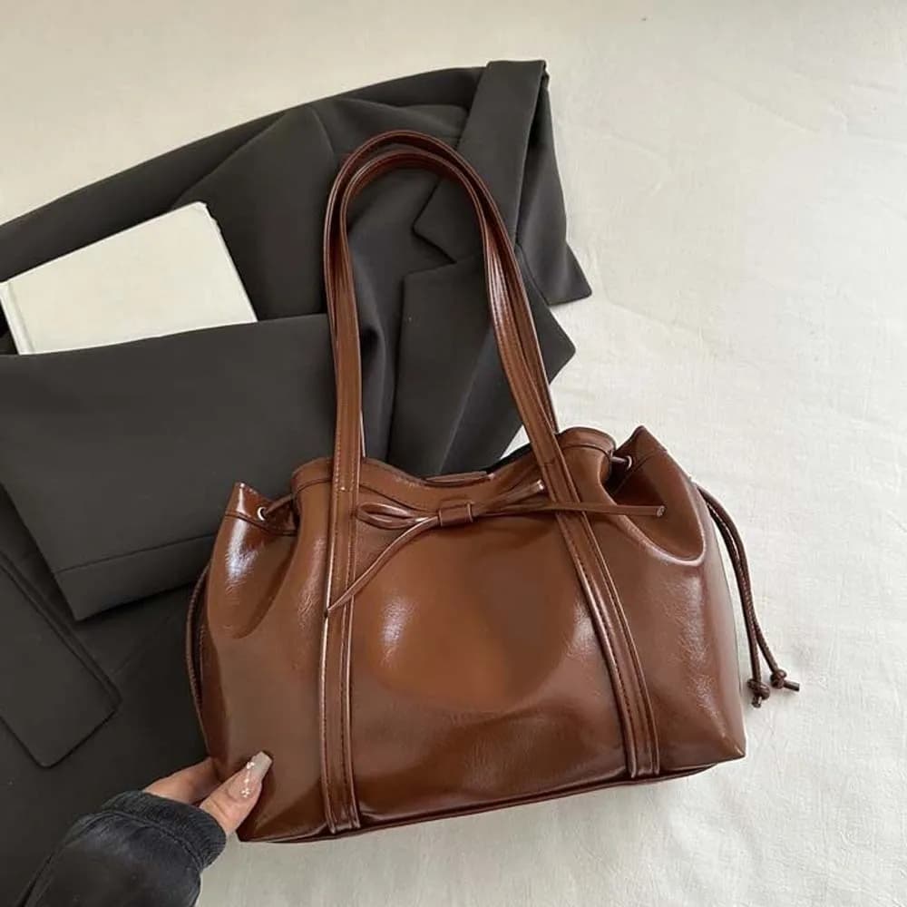 Solid Color Texture Tote Bag Ribbon Magnetic Button Bow PU Shoulder Bag Large Capacity Handbag Lady Underarm Pouch Women