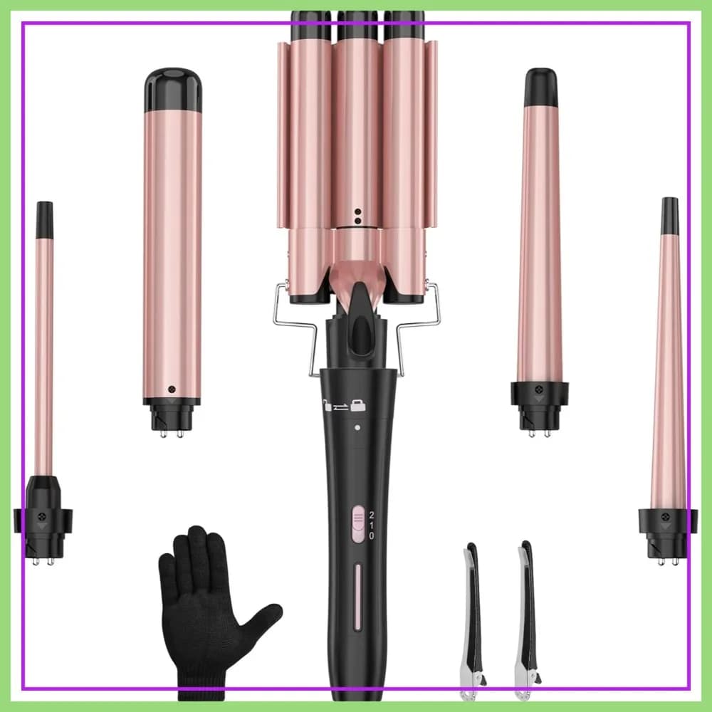 Set di Ferro Arricciacapelli 5-in-1 Intercambiabile, Ferro Arricciacapelli a 3 Cilindri con Ceramica e Tormalina, Arricciacapelli e Ondulatore per Donne
