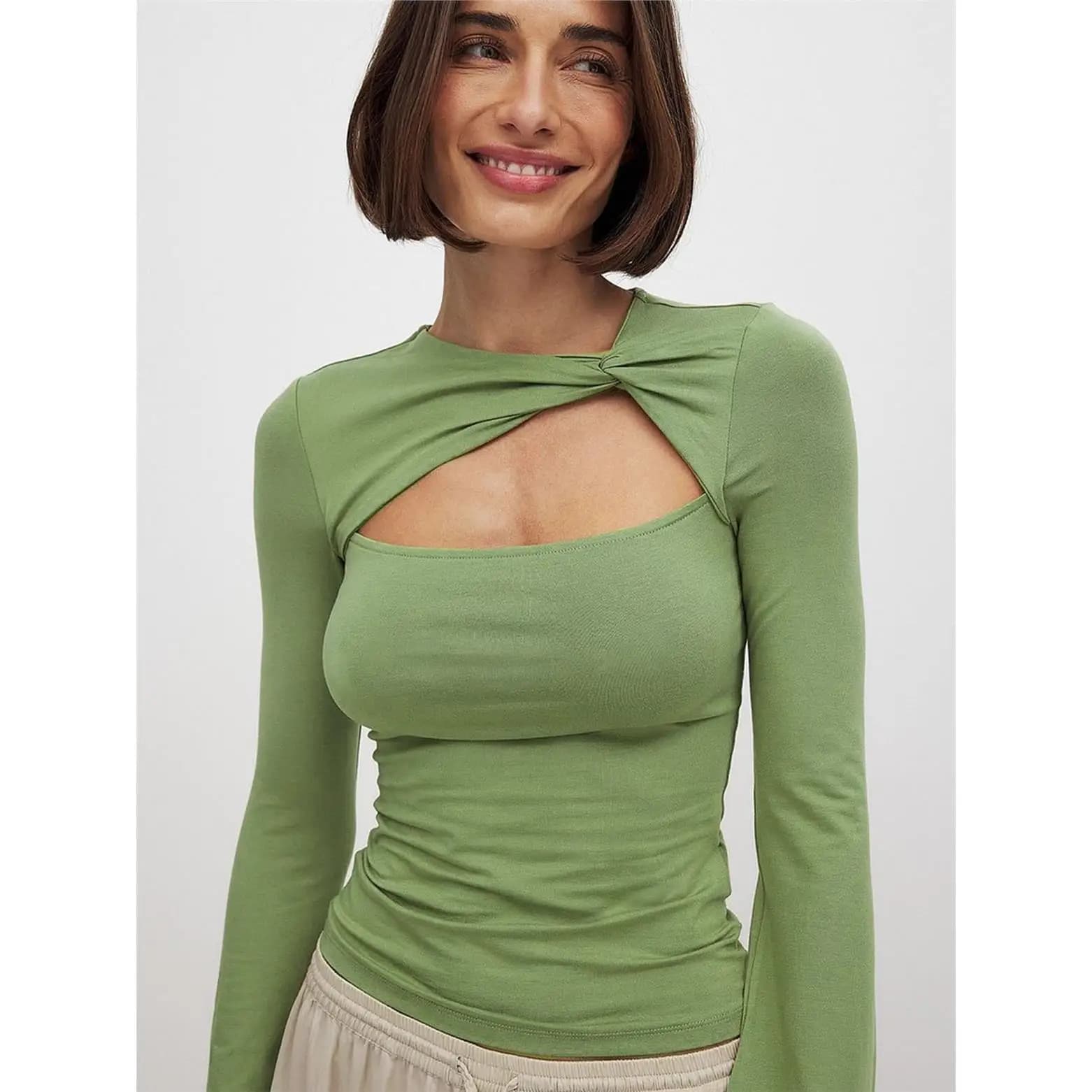 Fashionable Hollow out Slim Fit Women's T-shirt Spring Summer New Arrival Cross-Border CleanFit Knitted Cotton Long Sleeve ro...