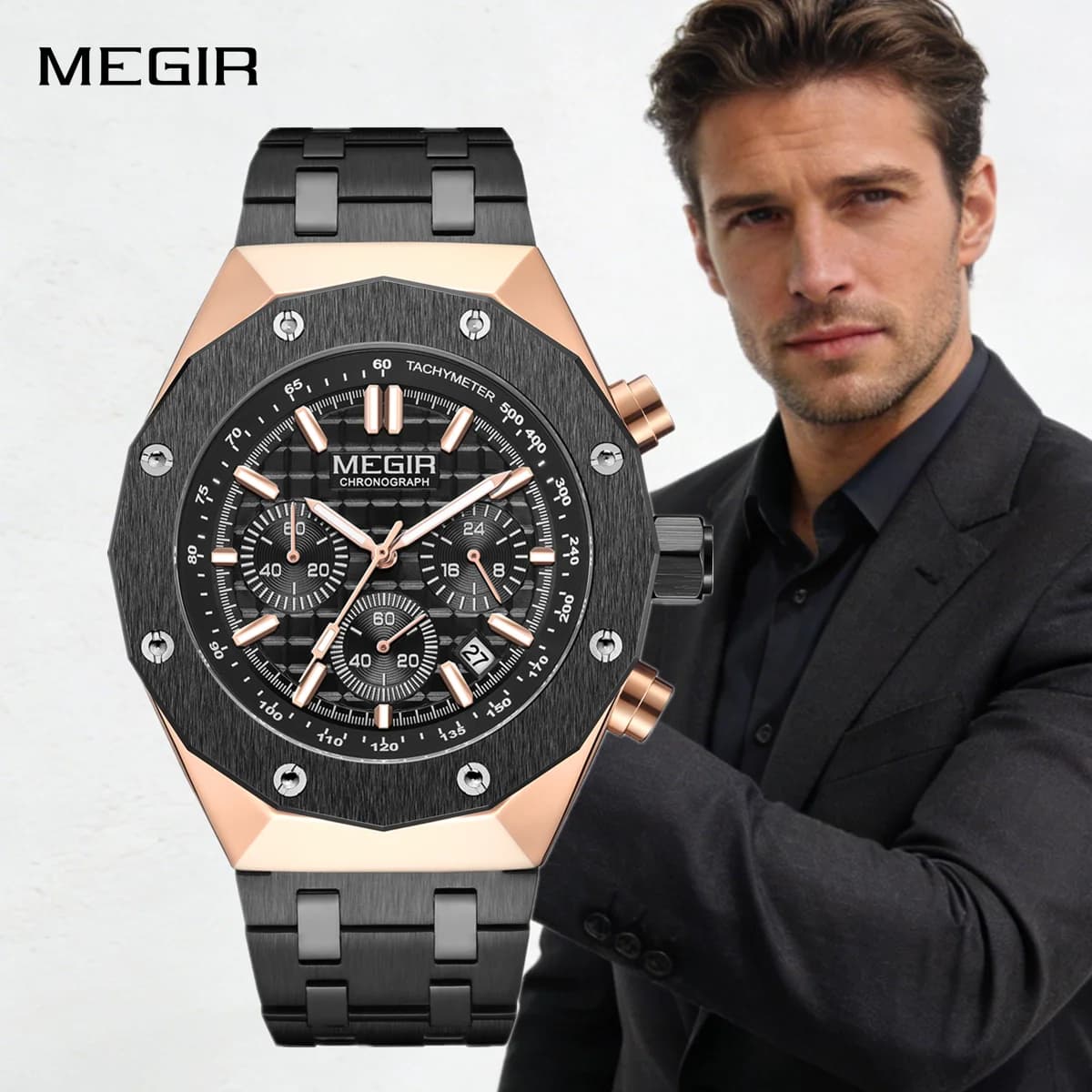 MEGIR Cronografo di Lusso da Uomo, Orologio da Polso Sportivo al Quarzo con Calendario, Luminoso e Impermeabile, Orologi Casual da Uomo per Affari, Reloj Hombre