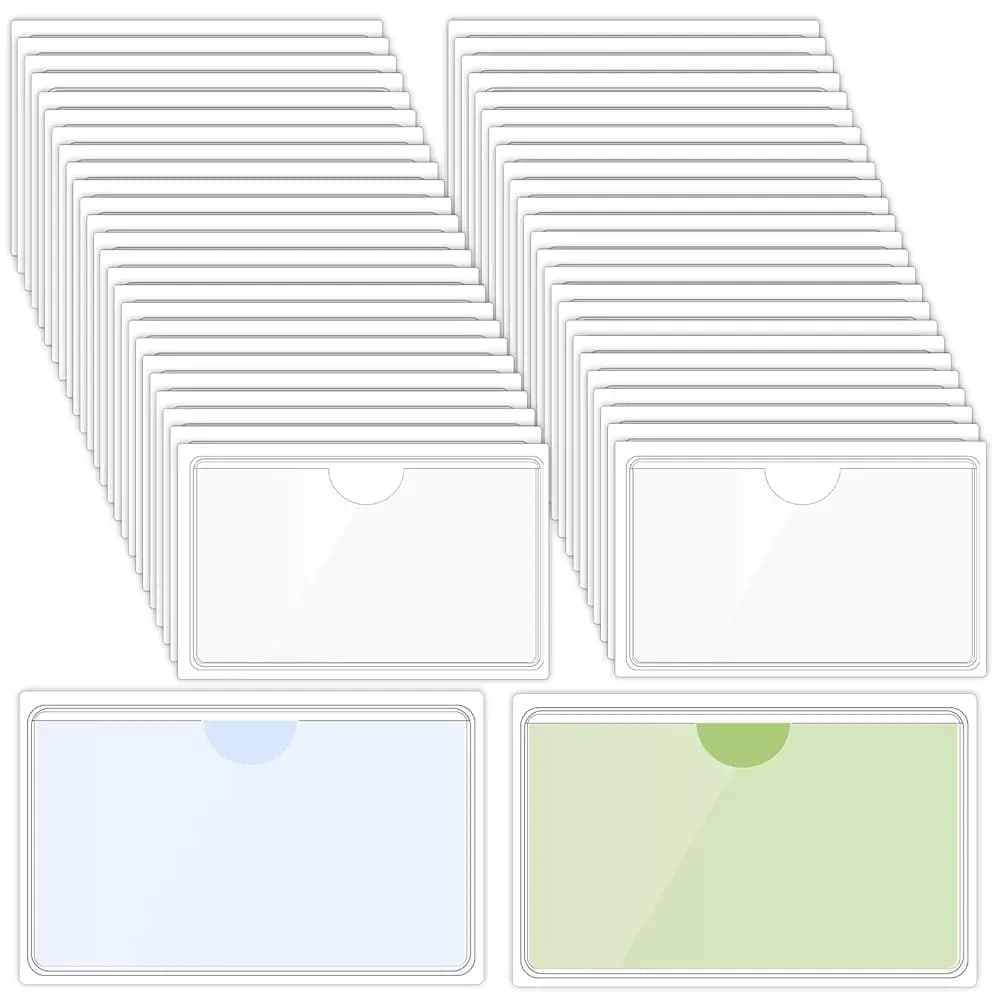 100 Pacchi di Tasche Adesive per Etichette, Contenitori Trasparenti in Plastica per Archiviazione, Buste Adesive per Schede con Coperchio