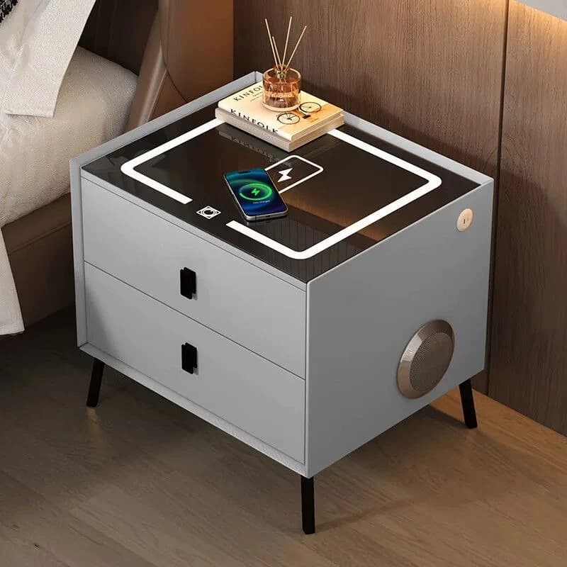 Smart Nightstand Home With Wireless Charging Bluetooth Speaker Light 2 Drawers Storage Bedside Table Fingerprint Lock Bedroom